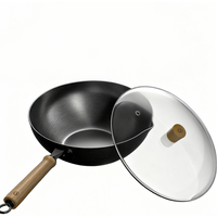Ochama Premium Iron Wok, 32 cm Non-Stick Iron Pan, Stir-Fry Pan, Frying Pan, Low Smoke, Compatible with Induction and Gas Stoves, Teflon-Free Coating, Includes Lid