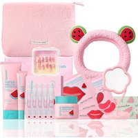 QUIYUM Watermelon Skincare Set (14pcs): Includes Cleanser 100g, Serum 2ml×10, Eye Cream 20g, Eye Masks 6g×3, Lip Masks 6g×3, Cream 50g, with a Headband, Nail Stickers, Makeup Mirror, and Makeup Bag.