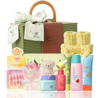 QUIYUM Fruit Skincare Set (13pcs): Includes Cleanser 100g, Toner 160ml, Eye Cream 20g, Serum 30ml, Cream 50g, Fruit Masks 25g×3, with a Headband, Nail Stickers, Soap Flower, Cleansing Brush, and Makeup Case.