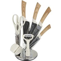 Ceppo con 4 coltelli, pelaverdure, forbici e affilacoltelli effetto legno