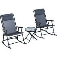 Outsunny 3 Piece Outdoor Rocking Bistro Set, Patio Folding Chair Table Set with Glass Coffee Table for Yard, Patio, Deck, Backyard, Grey