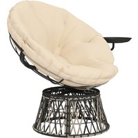 Outsunny 360° Swivel Outdoor Papasan Chair, Overstuffed Circle Chair with Side Tray, Thickened Cushion for Indoor, Patio, Beige