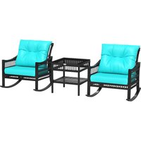 Outsunny 3 Pieces Outdoor PE Rattan Rocker Chair Set, Rocking Chair with Tempered Glass Table Top, Turquoise Green