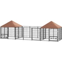 PawHut Large Outdoor Dog Kennel with 2 Rooms, Rotating & Adjustable Height Bowls, Waterproof & UV-Resistant Canopy