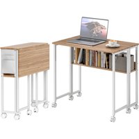 HOMCOM Folding Computer Desk, Foldable Desk with Storage Bag, Shelf and Wheels for Small Spaces, Home Office, Natural Wood