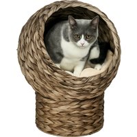 PawHut 20" Natural Braided Elevated Cat Bed, Cat Basket Kitten House Chair Sofa With Cushion, Dark Brown