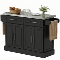 HOMCOM Portable Kitchen Island Cart, Black, on Wheels with Stainless Steel Top, Storage Cabinets, Spice Rack Aosom.com