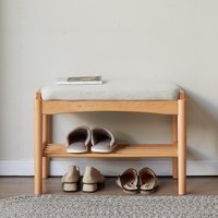 Mid-Century Shoe Bench with High-Rebound Sponge Cushion, Sturdy Shoe Rack with Slatted Compartment, 23.5″ L x 12″ W x 16.5″ H, Natural Aosom.com