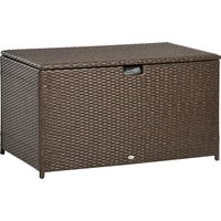 Outsunny Outdoor Deck Box, PE Rattan Wicker with Liner, Hydraulic Lift, and A Handle for Indoor, Outdoor, Patio, Pool, Toys, Garden Tools, Brown