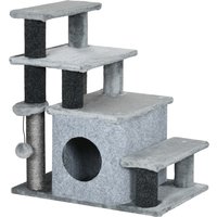 PawHut Adjustable Height 3 Step/4 Step Cat Stairs w/ Sisal Cat Scratching Post, Cat Condo, Toy Ball, for Bed, Sofa, Couch, Gray