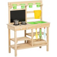 Qaba Kids Mud Kitchen, Outdoor Wooden Play Kitchen with Kitchenware & Garden Tools, Pretend Play Outdoor Toys, Natural