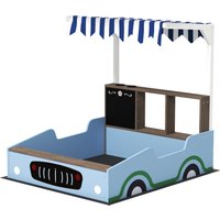 Qaba Kids Wooden Sandbox with Canopy with Bench Seats, Bottom Liner, Drawing Board, Planting Boxes for Backyard, Garden, Blue