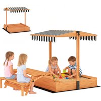 Qaba Kids Sandbox with Lid, Wooden Sand Pit with Canopy, Foldable Picnic Table, Bench Seats, Bottom Liner, Cover, Brown