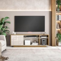 Floating TV Stand with Cabinet Door, Media Entertainment Console for Living Room, 63" L x 14" W x 21" H, Oak Natural Wood+Antique White Aosom.com