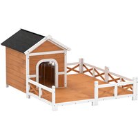 PawHut Outdoor Wooden Dog House, Dog Shelter with Large Porch, Weatherproof & Openable Roof, Elevated Base, Removable Floor