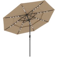 Outsunny 9.7 ft Outdoor Patio Umbrella with Solar LED Lights, 3 Tier Outdoor Table Umbrella with Tilt, Crank, Khaki