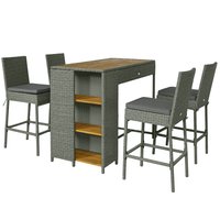 Outsunny 5 Piece Wicker Outdoor Bar Set, Acacia Wood Outdoor High Top Table and Chairs with 3 Tier Shelves, Cushions, Gray