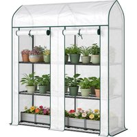 Outsunny 3 Tier Mini Greenhouse, Small Portable Greenhouse with 2 Roll-up Doors, 56.3" x 18.1" x 65", White
