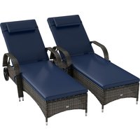 Outsunny 2 Reclining Chaise Lounge Chairs, Rolling Outdoor Chairs with Cushion, Pillow, Headrest, Armrests, and Wheels, Dark Blue