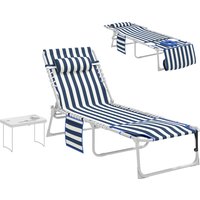 Outsunny Tanning Chair with Face Hole and Side Table, 5-Position Folding Outdoor Chaise Lounge Chair, Blue and White