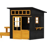 Qaba Outdoor Playhouse, Wooden Kids Playhouse w/ Picnic Table & Benches, Chalkboards, Half Door, Windows, for Kids Ages 3-8