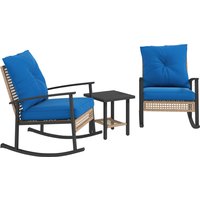 Outsunny 3 Pieces Bistro Set, Patio Wicker Furniture Set with Button Tufted Cushions, Rattan Rocking Chairs, Coffee Table, Blue