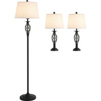 HOMCOM 3 Piece Lamp Set with Floor and Table Lamps Metal Pole Round Base Fabric Shade for Living Room Bedroom Black White Aosom.com