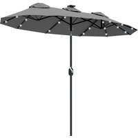 Outsunny Double-sided Patio Umbrella, 9.7' Outdoor Umbrella with Tilt and Crank, LED Solar Light and 12 Ribs, Gray