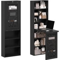 HOMCOM Foldable Convertible Writing Table with Storage Shelves, Bag, Wall-Mounted Space-Saving Computer Desk, Black