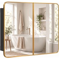 HOMCOM 30" x 24" Medicine Cabinet with Mirror, Bathroom Mirror Cabinet with Adjustable Shelves, Wall-Mounted or Recessed, Gold Tone