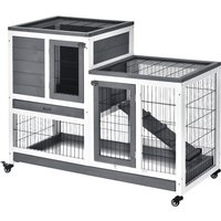 PawHut Wooden Indoor Guinea Pigs Hutches Elevated Cage Habitat with Enclosed Run with Wheels, Ideal for Rabbits and Guinea Pigs, Grey and White
