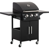 Outsunny 3 Burner Gas BBQ Grill Outdoor Portable Barbecue Trolley w/ Warming Rack, Side Shelves, Storage Cabinet, Thermometer, Carbon Steel, Black | Aosom Ireland
