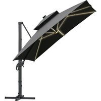 3 x 3 Cantilever Roma Parasol Garden Sun Umbrella Outdoor Patio LED Solar Light Cross Base 360° Rotating Backyard Dark Gray