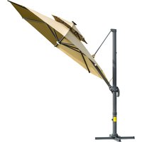 3m Cantilever Parasol w Solar Lights Power Bank Cross Base Adjustable Canopy 360° Spin Outdoor Garden Umbrella 2 Tier Roof Sun Shade