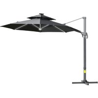 3m Cantilever Parasol w Solar Lights Power Bank Cross Base Adjustable Canopy 360° Spin Garden Umbrella 2 Tier Roof Sun Shade Aosom UK