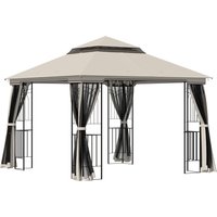 Outsunny 3 x 3m Soft-top Patio Gazebo Deck Canopy with Double Tier Roof, Removable Mesh Curtains, Display Shelves, Top Hooks, Beige | Aosom Ireland