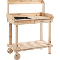 Outsunny Garden Potting Bench Table, Outdoor P Wooden Work Station with 2 Wheels, Sink, Drawer & Large Storage Spaces, 92x45x119cm | Aosom Ireland
