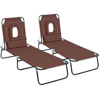 Outsunny Lot de 2 Bains de Soleil Pliable transat inclinable 4 Positions Chaise Longue de Lecture 3 Coussins fournis Marron