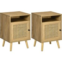 HOMCOM Bedside Table with Rattan Element, Side End Table with Shelf and Cupboard, 39cmx35cmx60cm, Set of 2, Natural | Aosom Ireland