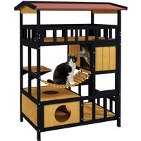 PawHut Outdoor Cat Shelter, Four-Tier Wooden Feral Cat House, with Suspension Bridge, Cat Houses, Balcony, Escape Doors | Aosom Ireland