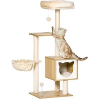 PawHut Cat Tree Cat Scratching Post with Cat Cave Platform Height 126 cm Wooden Cat Climbing Tree Particle Board Sisal Short Plush Beige 48 x 40 x 126 cm | Aosom Ireland