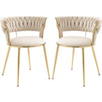 Ensemble de 2 chaises de salle à manger en velours, avec un dossier tressé et des pieds en métal, pour le salon, la salle à manger, la cuisine, Blanc