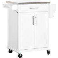 HOMCOM White Wooden Freestanding Kitchen Island on Wheels, Serving Cart Storage Trolley w/ Stainless Steel Top, Drawer, Side Handle & Rack | Aosom Ireland
