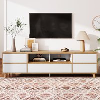 Meuble TV bas style rustique avec compartiments, portes et roulettes, Blanc
