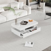 Table basse avec bande LED intégrée, 4 tiroirs avant et arrière, plateau relevable, Blanc