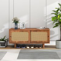 Meuble à chaussures en rotin avec 2 portes, étagères réglables et meuble d'entrée, couleur noyer