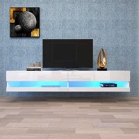 Meuble TV scandinave blanc avec éclairage LED, design moderne et spacieux, Blanc