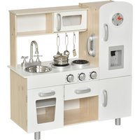 HOMCOM Cucina Giocattolo in Legno per Bambini con Lavandino e Fornelli, Pentole e Utensili in Acciaio, 74x30x81cm, Bianco Aosom