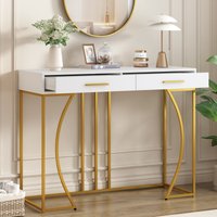 Console Table with 2 Drawers and Adjustable Legs, Light Modern Entryway Table with Metal Frame & Gold-plated Handle, 2 Drawers, 120x38x76 cm, White Aosom UK