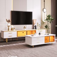 Table basse blanche, Table de salon moderne, avec plateau et porte en verre trempé, tiroirs ondulés, 100x50x40 cm Aosom France